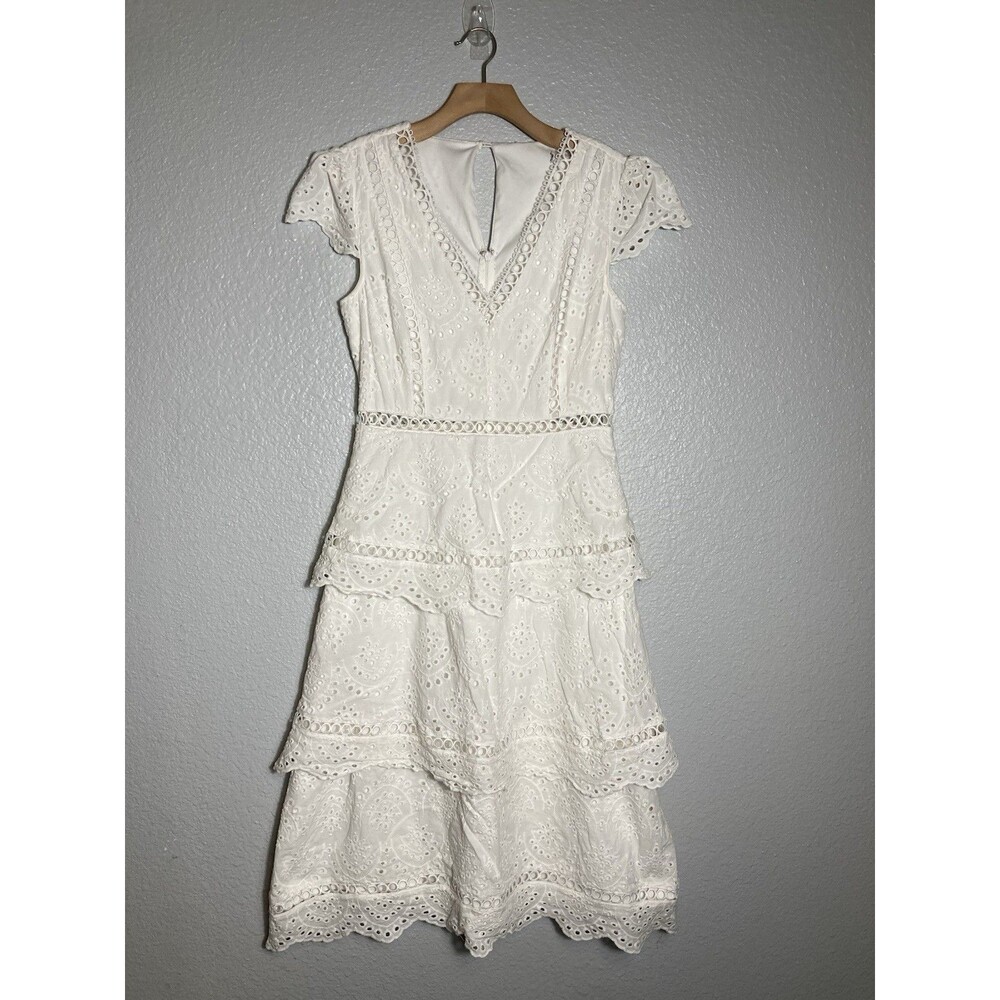 Lace Eyelet Dress M 8 MIDI Tiered Wedding Boho Western Fairycore Romance Cottage